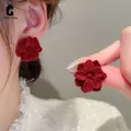 Boucles d'oreilles en velours rouge vin pour femmes clou de fleur rose bijoux élégants mode