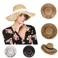 Chapeau de paille à large bord avec lettres brodées pour femmes chapeau de soleil pliable pour la