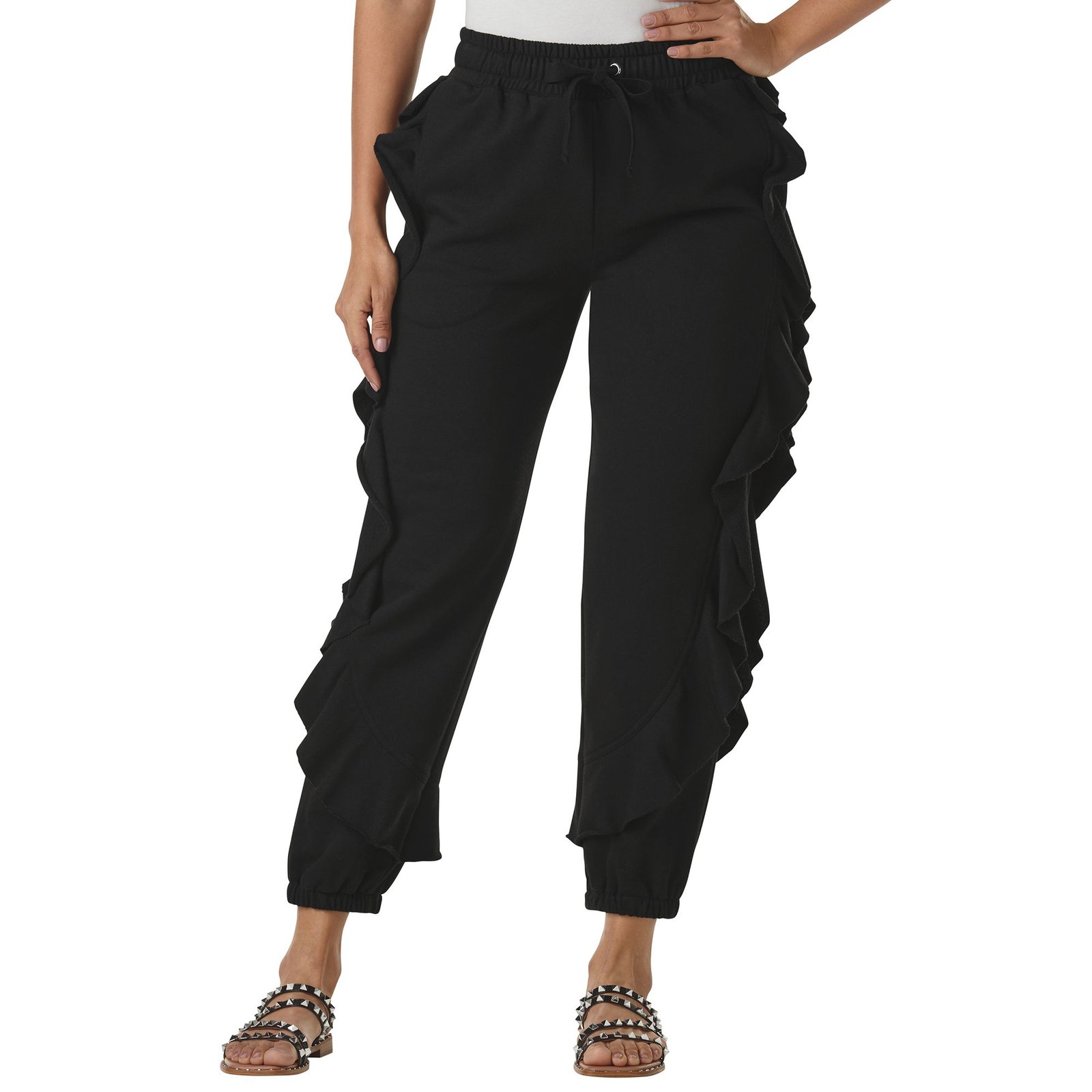 Masseys Ruffle Joggers (Size XL) Black, Cotton,Polyester