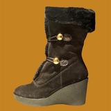 Coach Shoes | Coach "Gena" Black Shearling Wedge Boot With Gold Buttons 9 Women's | Color: Black/Gold | Size: 10