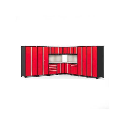 NewAge Products PRO 3.0 Series Red 16-Piece Corner Cabinet Set with Stainless Steel Tops Slatwall and LED Lights