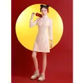 Robe trapèze Cheongsam courte en daim pour femmes jupe Qipao chinoise à manches longues nouvelle