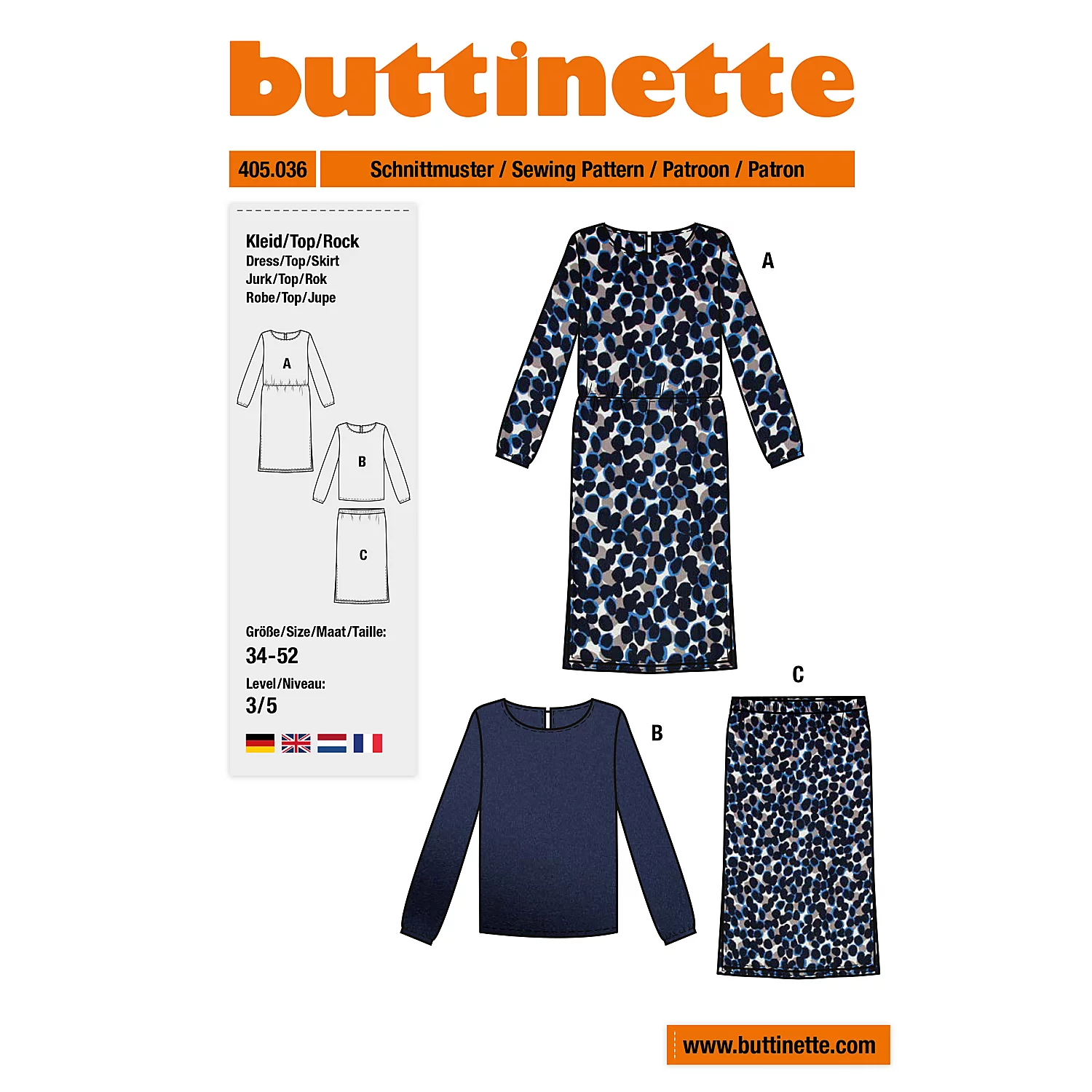 buttinette Patron "robe à manches longues et blouse avec jupe" pour femmes