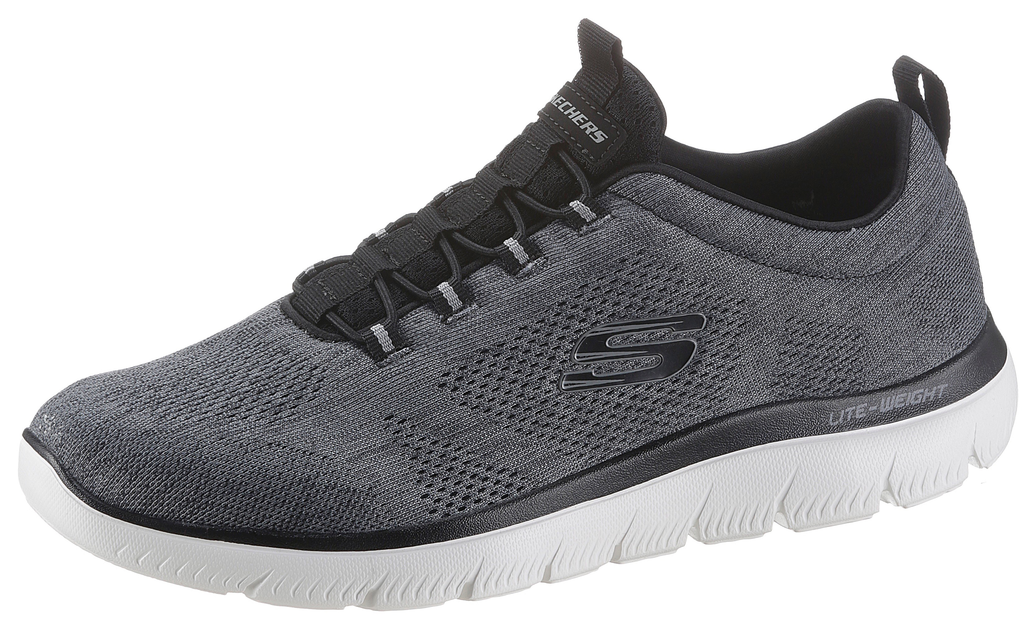 Slip-On Sneaker SKECHERS "SUMMITS", Herren, Gr. 43, schwarz-weiß (schwarz, weiß), Textil, Schuhe, Freizeitschuh, Slipper, Komfortschuh mit elastischer Bungee-Schnürung, Topseller