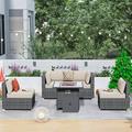 Ovios 5 Pieces Outdoor Patio Furniture with 30 inch Fire Pit Table All Weather Wicker Conversation Set for Porch