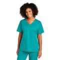 Wonderwink WW4760 Women's WorkFlex Mock Wrap Top in Teal Blue size Small | 65/35 polyester/cotton