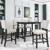 5 Piece Rustic Wooden Counter Height Dining Table Set with 4 Upholstered Chairs for Small Places