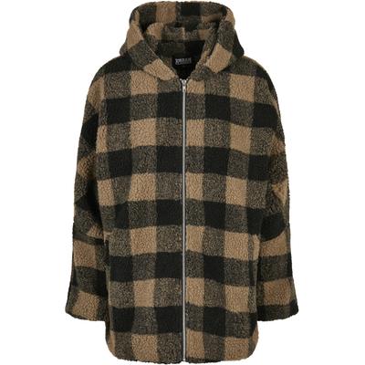 Winterjacke URBAN CLASSICS "Urban Classics Damen Ladies Hooded Oversized Check Sherpa Jacket", Damen, Gr. M, grau (softtaupe, schwarz), 100% Polyester, kariert, casual, oversize, ohne Ausschnitt, Langarm, Jacken Image