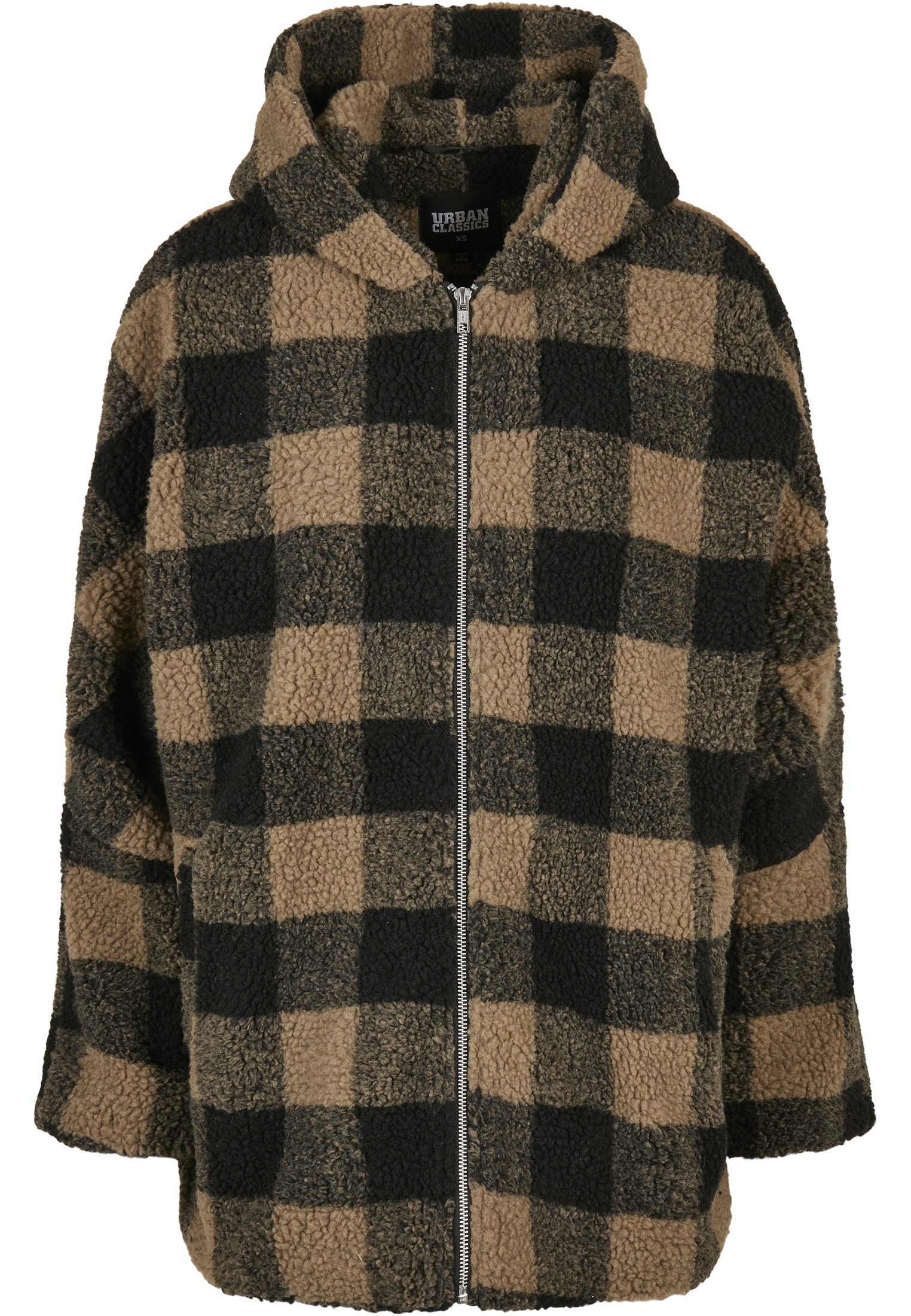 Winterjacke URBAN CLASSICS "Urban Classics Damen Ladies Hooded Oversized Check Sherpa Jacket", Damen, Gr. 3XL, grau (softtaupe, schwarz), 100% Polyester, kariert, Casual, oversize, ohne Ausschnitt, Jacken Image