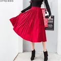 Jupe Maxi plissée en velours pour Femme Vintage élastique taille haute rétro rouge noir Hiver