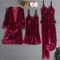 Pyjama en Velours Imbibé de Bordeaux pour Femme Ensemble de Nuit Robe de Printemps Vêtements de