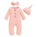 Kucnuzki Infant Girl Clothes 6 Months Infant Girl Fall-Winter Bodysuit 12 Months Infant Girl Long Sleeve Solid Color Pit Stripe Bodysuit Headband+Hat 3PCS Set Pink