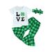 Toddler Baby Girl St.Patricks Day Outfits Short Sleeve T-Shirt Plaid Flared Pant Headband 3Pcs Clothes Set