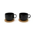 2-teilige schwarze Keramik Teetassen mit Henkel & Holz-Untersetzer - 250 ml Teebecher aus Steingut