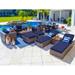 Sorrento 16-Piece Resin Wicker Outdoor Furniture Combination Set with Loveseat Set Six-Seat Dining Set and Chaise Lounge Set (Flat-Weave Brown Wicker Sunbrella Canvas Navy)