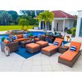 Sorrento 16-Piece Resin Wicker Outdoor Patio Furniture Combination Set in Brown w/ Sofa Set Round Dining Set and Chaise Lounge Set (Flat-Weave Brown Wicker Sunbrella Canvas Tuscan)