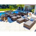 Sorrento 18-Piece Resin Wicker Outdoor Patio Furniture Combination Set in Brown w/ Sofa Set Eight-seat Dining Set and Chaise Lounge Set (Flat-Weave Brown Wicker Sunbrella Canvas Taupe)
