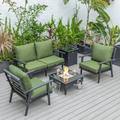 LeisureMod Walbrooke Modern Aluminum 5-Piece Patio Conversation Set with Outdoor Square Fire Pit Table & Side Table Tank Holder And Green Cushions