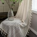 Farmhouse Cotton Crochet Lace Window Curtain Panel with Tassels Rod Pocket Semi Sheer Hollow Curtains for Bedroom Living Room Balcony 1 Piece Beige