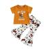 Calsunbaby Toddler Baby Girls Summer Outfit Sets Cattle Head Print Tops Geometric Cow Print Flared Pants Khaki Style 1 3-4 Years