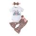 Genuiskids 3Pcs Newborn Baby Girls Easter Outfits Rabbit Bunny Letter Print Short Sleeves Romper T-shirt Tops Casual Leopard Print Flared Pants Headband Infant Summer Bell Bottoms Clothes Sets 0-18M