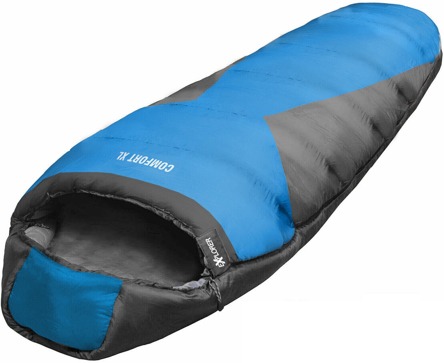 Mumienschlafsack EXPLORER "COMFORT Camping Schlafsack 230x85x70cm Outdoor extra breit", blau (blau, grau), Schlafsäcke, B/L: 85cm x 230cm, Obermaterial: 100% Polyester, kombinierbar 2000g, L:230cm