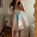 Robe tutu de princesse en tulle à manches bouffantes pour femmes col carré maille à volants jupe