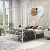 Queen Size Metal Canopy Bed with Built-in Headboard, White