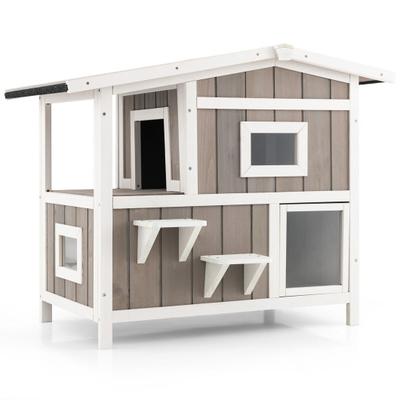 Costway Outdoor 2-Story Wooden Feral Cat House wit...