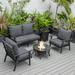 LeisureMod Walbrooke Modern Aluminum 5-Piece Patio Conversation Set with Outdoor Round Fire Pit Table with Slats Design & Side Table Tank Holder And Charcoal Cushions