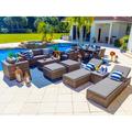 Sorrento 16-Piece Resin Wicker Outdoor Patio Furniture Combination Set in Brown w/ Sofa Set Six-seat Dining Set and Chaise Lounge Set (Flat-Weave Brown Wicker Sunbrella Canvas Charcoal)