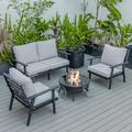 LeisureMod Walbrooke Modern Aluminum 5-Piece Patio Conversation Set with Outdoor Round Fire Pit Table & Side Table Tank Holder And Light Grey Cushions