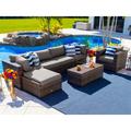 Sorrento 7-Piece Resin Wicker Outdoor Patio Furniture Sectional Sofa Set in Brown w/ Four Sectional Pieces Ottoman Armchair and Coffee Table (Flat-Weave Brown Wicker Sunbrella Canvas Taupe)