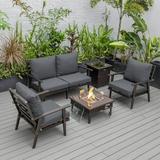 LeisureMod Walbrooke Modern Aluminum 5-Piece Patio Conversation Set with Outdoor Square Fire Pit Table with Slats Design & Side Table Tank Holder And Charcoal Cushions