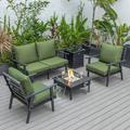 LeisureMod Walbrooke Modern Aluminum 5-Piece Patio Conversation Set with Outdoor Square Fire Pit Table with Slats Design & Side Table Tank Holder And Green Cushions
