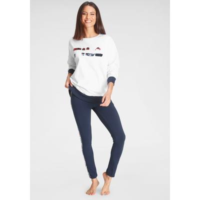 Loungeanzug FILA, Damen, Gr. S, blau (dunkelblau), Jersey, Obermaterial: 100% Baumwolle. Obermaterial Hose: 95% Baumwolle, 5% Elasthan, glänzend, Glitzermuster, bequem knöchellang, Rundhals, Langarm angeschnitten Rippbündchen kontrastfarben,... Image