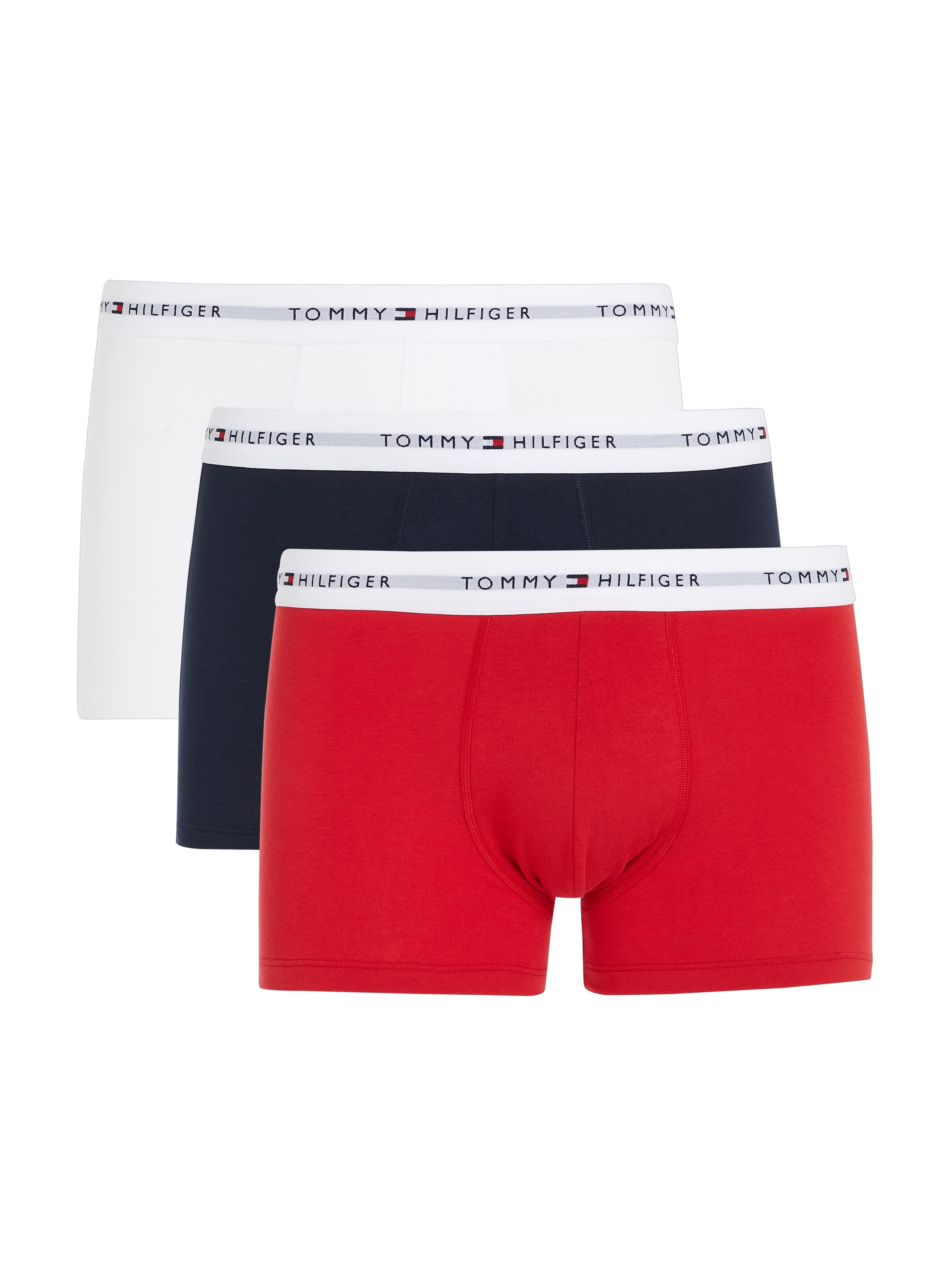 Boxer "TRUNK 3 PACK", Herren, Gr. XXL (56), bunt (desert, sky, weiß, primary, rot, (dunkelblau)), Jersey, Obermaterial: 95% Baumwolle, 5% Elasthan, TOMMY HILFIGER UNDERWEAR, kontrastfarbene Details, unifarben, körpernah, Unterhosen, mit Logoschriftzug Image