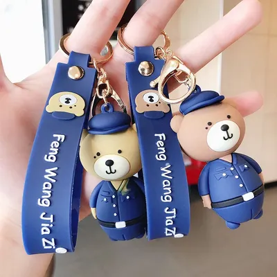 Ins – porte-clés de police en métal poupée ours de dessin animé pendentif bleu marron sac de