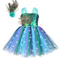 Costume de paon à lumière LED pour filles robe tutu à paillettes et plumes de fleurs pour enfants