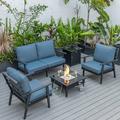 LeisureMod Walbrooke Modern Aluminum 5-Piece Patio Conversation Set with Outdoor Square Fire Pit Table with Slats Design & Side Table Tank Holder And Navy Blue Cushions