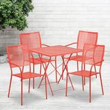 Emma + Oliver Commercial Grade 28 Square Coral Folding Patio Table Set-4 Square Back Chairs