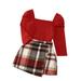 Baby Girl Clothes New Cutest Outfits for Teens Toddler Kids Baby Girls Long Bubble Sleeve Ribbed Solid Tops Blouse Plaid Patchwork Skirt Outfit Clothes Set 2PCS Clothes Kids Girls