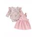 Frobukio Newborn Baby Girls Fall Clothes Sets Ice Cream Print Long Sleeve Romper Corduroy Heart Strap Dress 2Pcs Set Light Pink 0-3 Months