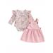 Frobukio Newborn Baby Girls Fall Clothes Sets Ice Cream Print Long Sleeve Romper Corduroy Heart Strap Dress 2Pcs Set Light Pink 9-12 Months