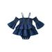 Arvbitana Baby Girls Denim Romper Dress Flare Long Sleeve Off Shoulder Layered Ruffle Bodysuit Spring Summer Casual Party Jean Dresses 3-24M