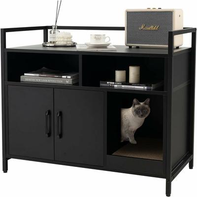 Goplus - Katzentoilette, Katzenschrank mit Doppeltüren & stabilem Metallrahmen & Kratzbrett & 2 Image