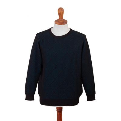 Textures & Azure Diamonds,'Men's Alpaca Blend Sweater in Black and Azure Made in Peru'