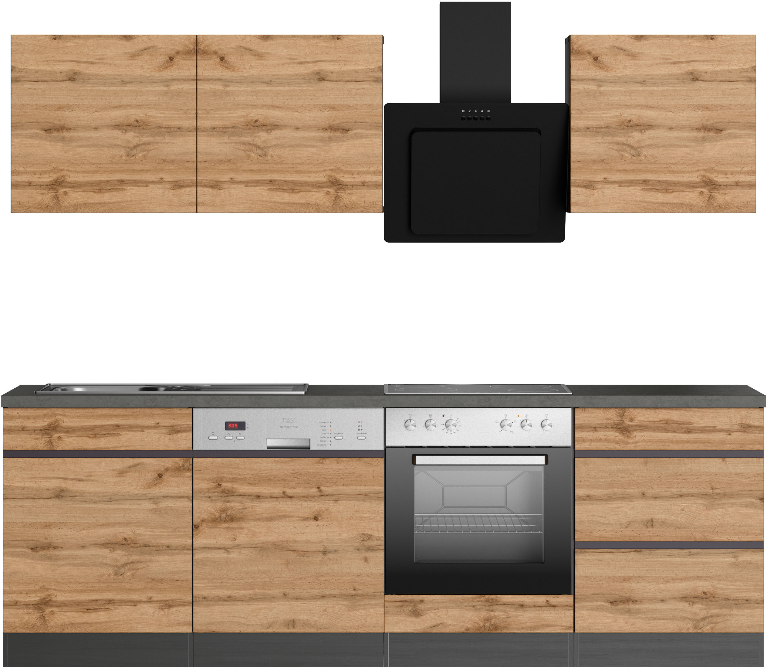 Küchenzeile KOCHSTATION "KS-Riesa", grau (küche: natur, front: wotaneiche, korpus: grafitgrau, arbeitsplatte: betongrau), B:240cm H:200cm T:60cm, Komplettküchen-Sets, Stellbreite 240 cm, wahlweise mit oder ohne E-Geräte Image