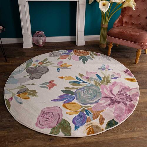 Bunter Kurzflor Teppich mit Blumen Motiv 160 cm Durchmesser