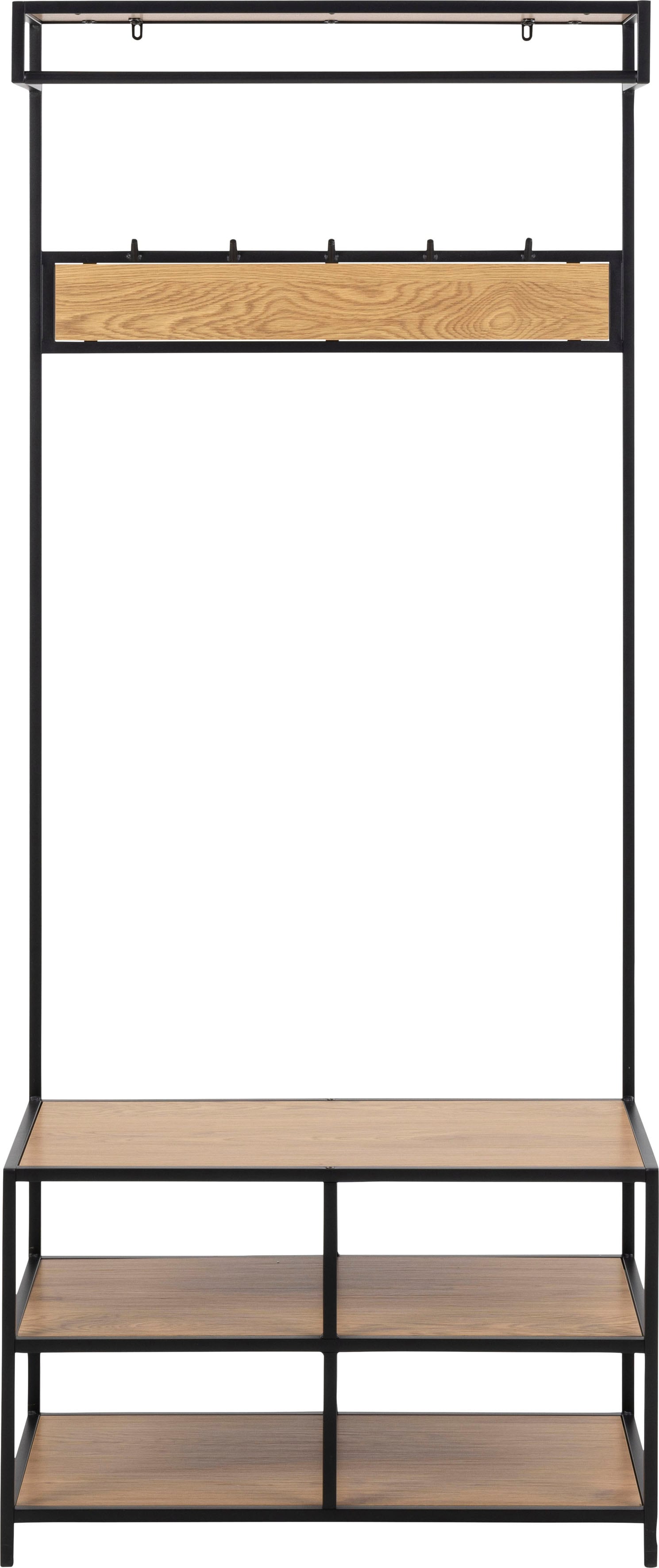 Garderobenständer ACTONA GROUP, schwarz (matt wildeiche, matt schwarz), B:40cm H:185cm T:40cm, Garderobenständer, Metallgestell im Industrie-Look, 3 Einlegeböden, 5 Haken, Breite 77 cm